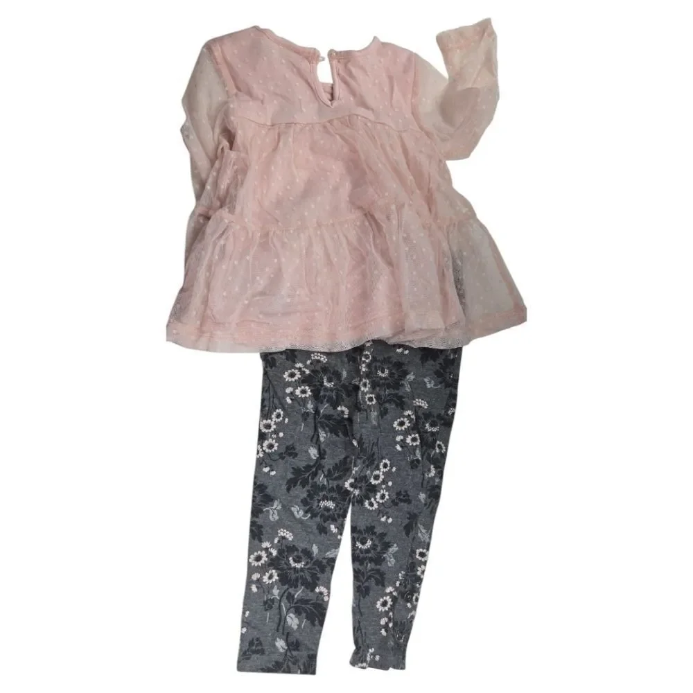 Calvin Klein Baby Girl Pink Swiss Dot Mesh Top Floral Leggings 2pc Matching Set